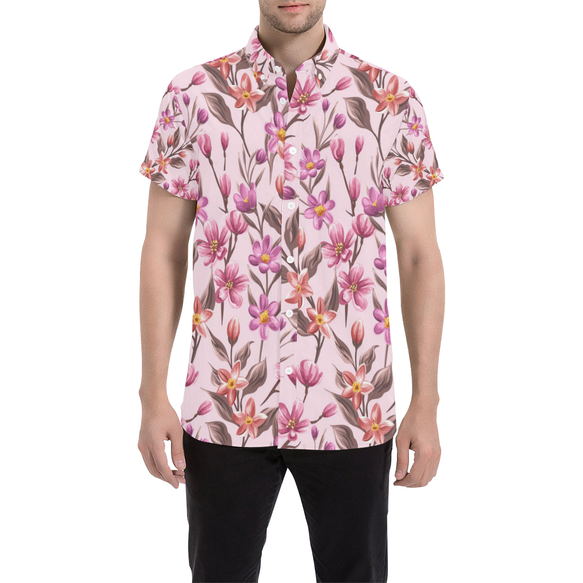 Summer Floral Pattern Print Design SF09 Men's Short Sleeve Button Up Shirt