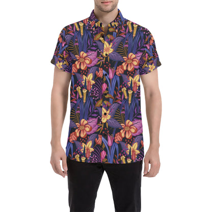 Lily Pattern Print Design LY016 Men's Short Sleeve Button Up Shirt