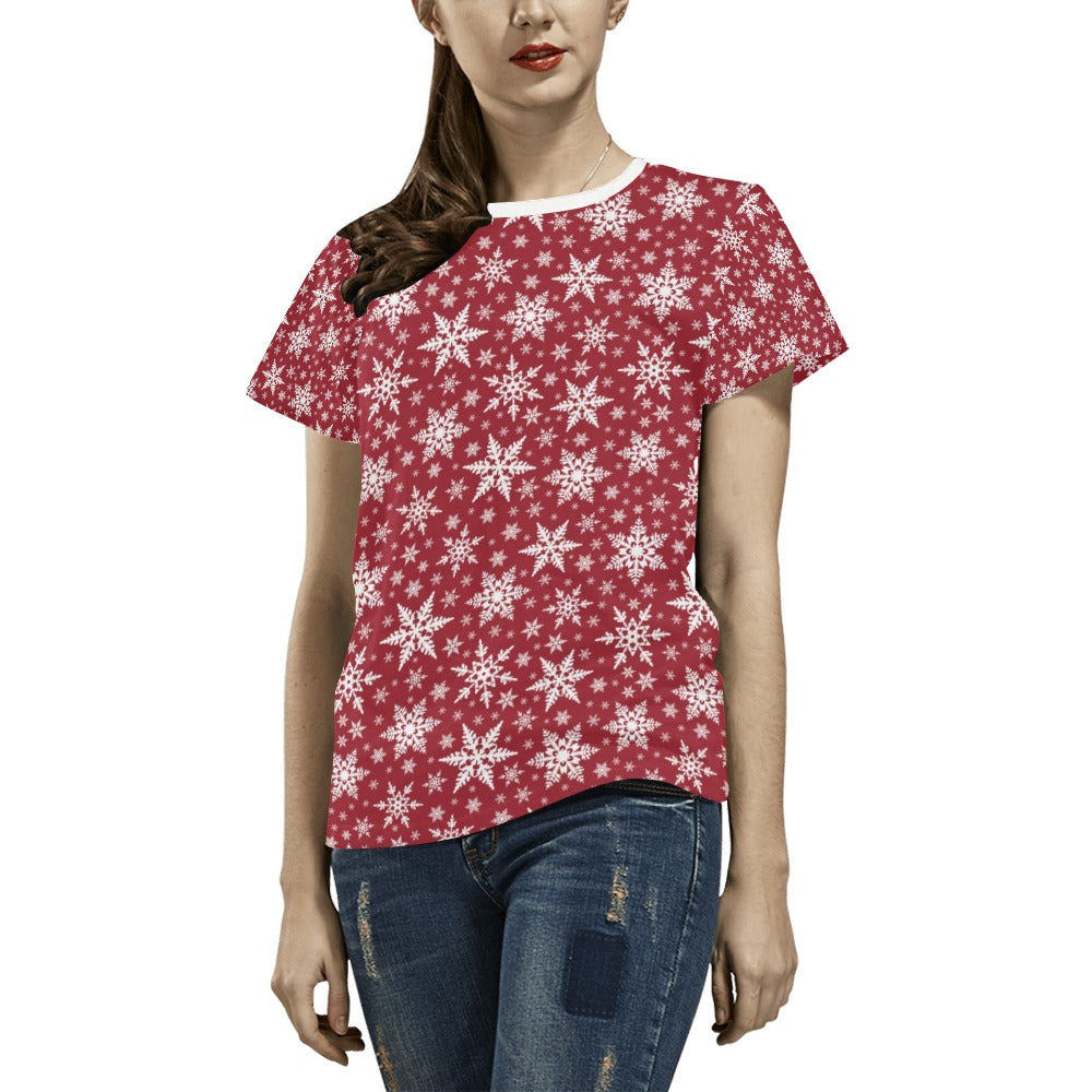 Snowflake Red Print Design LKS302 Women's  T-shirt