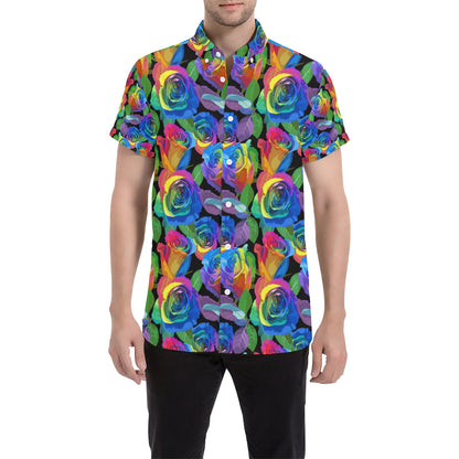 Rose Pattern Print Design RO02 Men's Short Sleeve Button Up Shirt