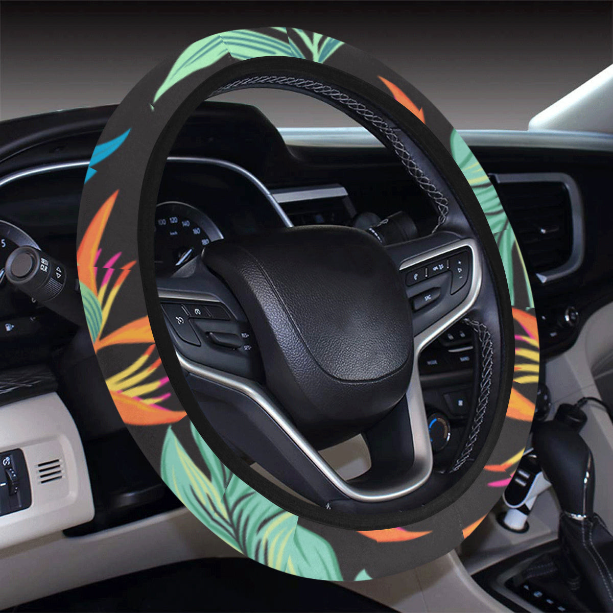 Tropical Palm Leaves Hawaiian Flower Steering Wheel Cover with Elastic Edge