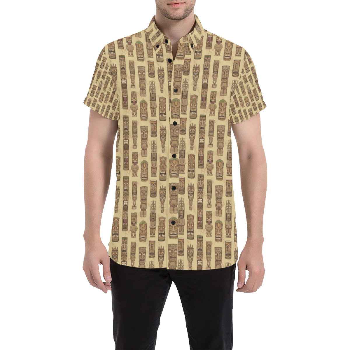 Totem Tiki Style Themed Design Men's Short Sleeve Button Up Shirt