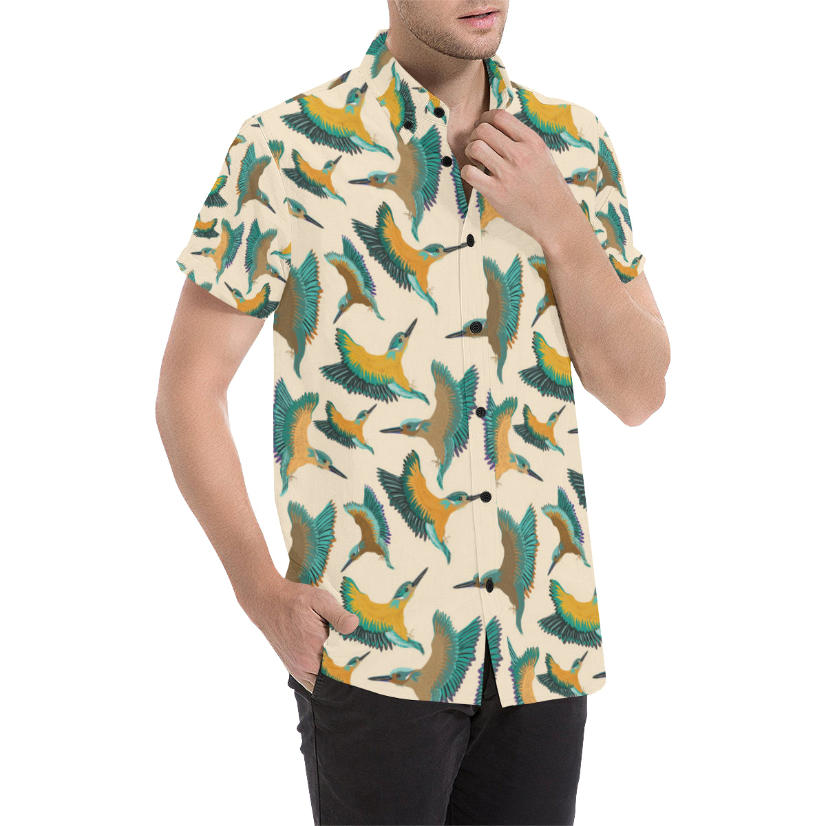 Kingfisher Pattern Print Design 02 Men's Short Sleeve Button Up Shirt