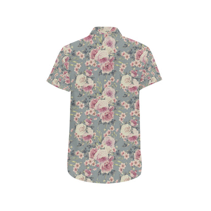 Peony Pattern Print Design PE05 Men's Short Sleeve Button Up Shirt