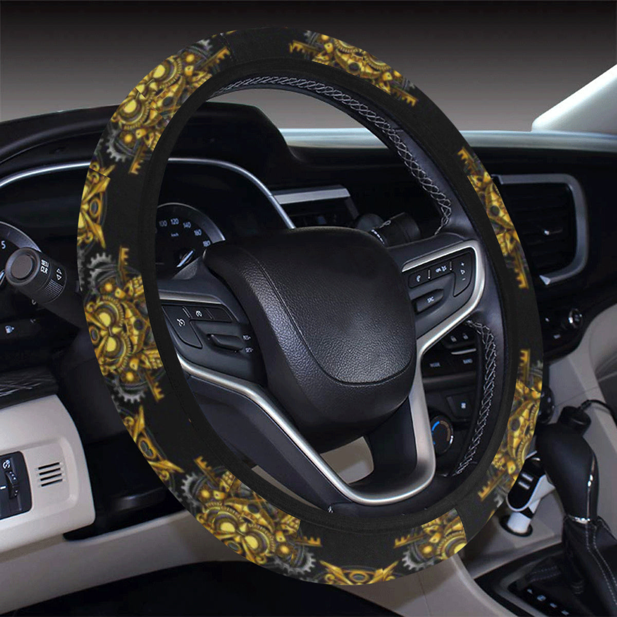 Steampunk Gold Owl Design Themed Print Steering Wheel Cover with Elastic Edge