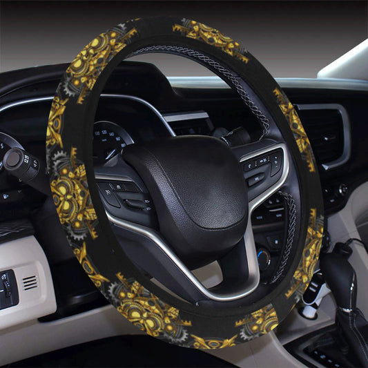 Steampunk Gold Owl Design Themed Print Steering Wheel Cover with Elastic Edge