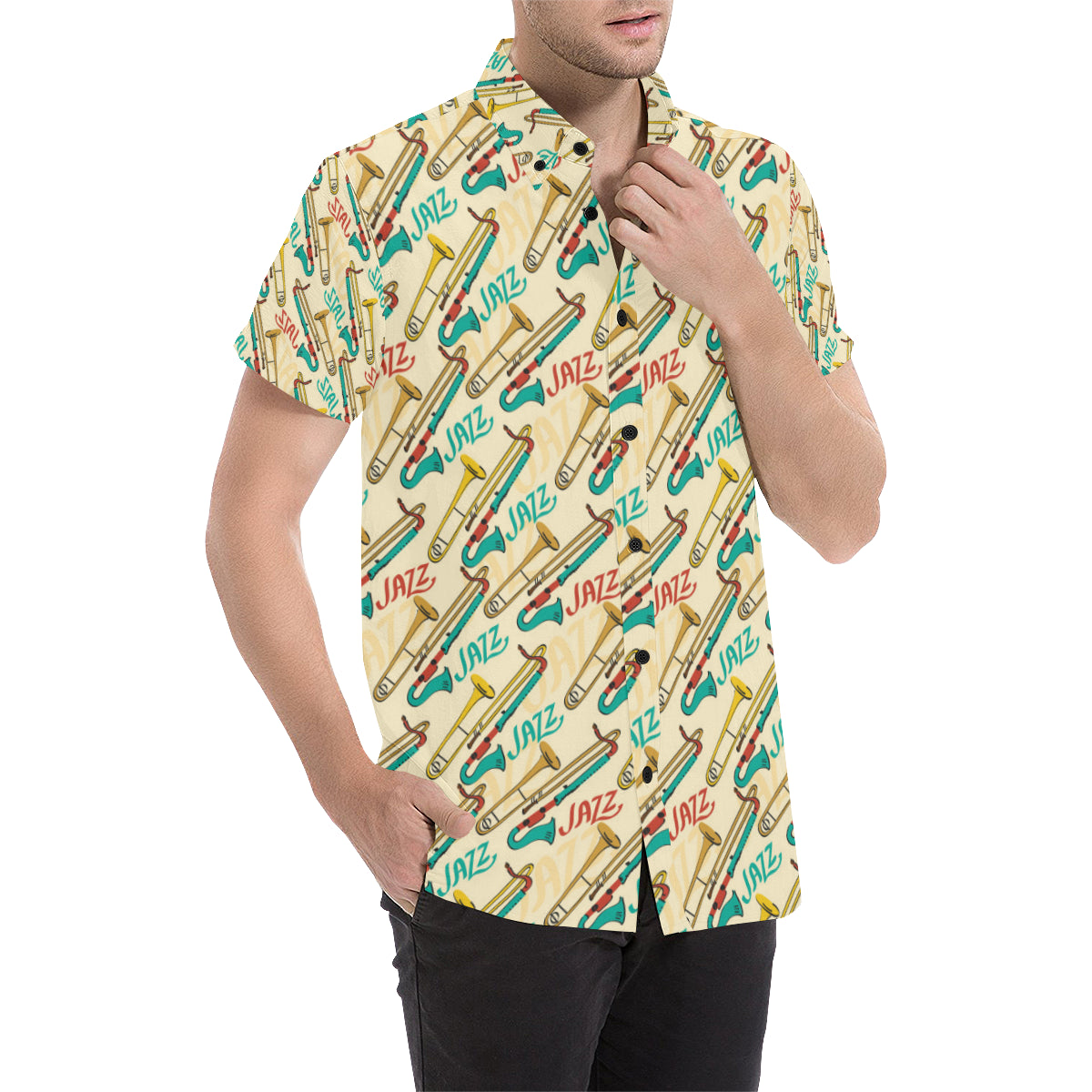 Trombone Pattern Print Design 03 Men's Short Sleeve Button Up Shirt
