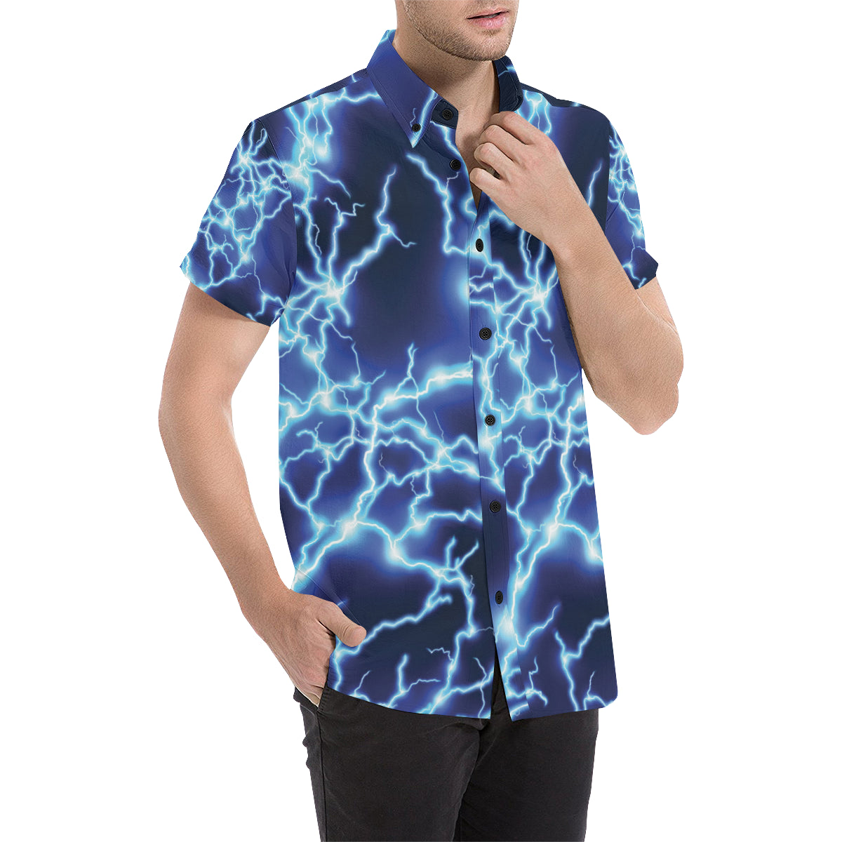 Lightning Thunder Pattern Print Design 04 Men's Short Sleeve Button Up Shirt