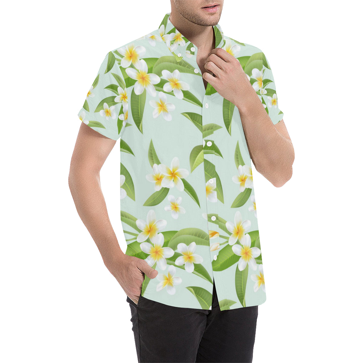 Yellow Plumeria Pattern Print Design PM024 Men's Short Sleeve Button Up Shirt