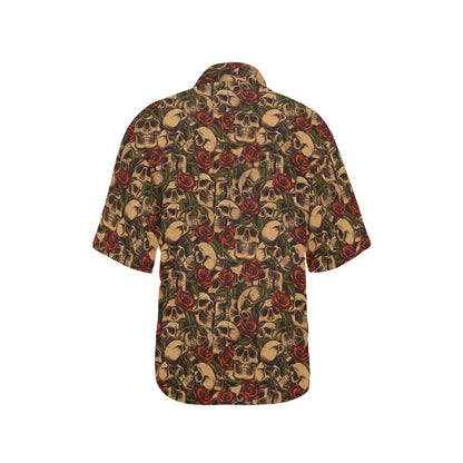 Skull Roses Vintage Design Themed Print Women's Hawaiian Shirt