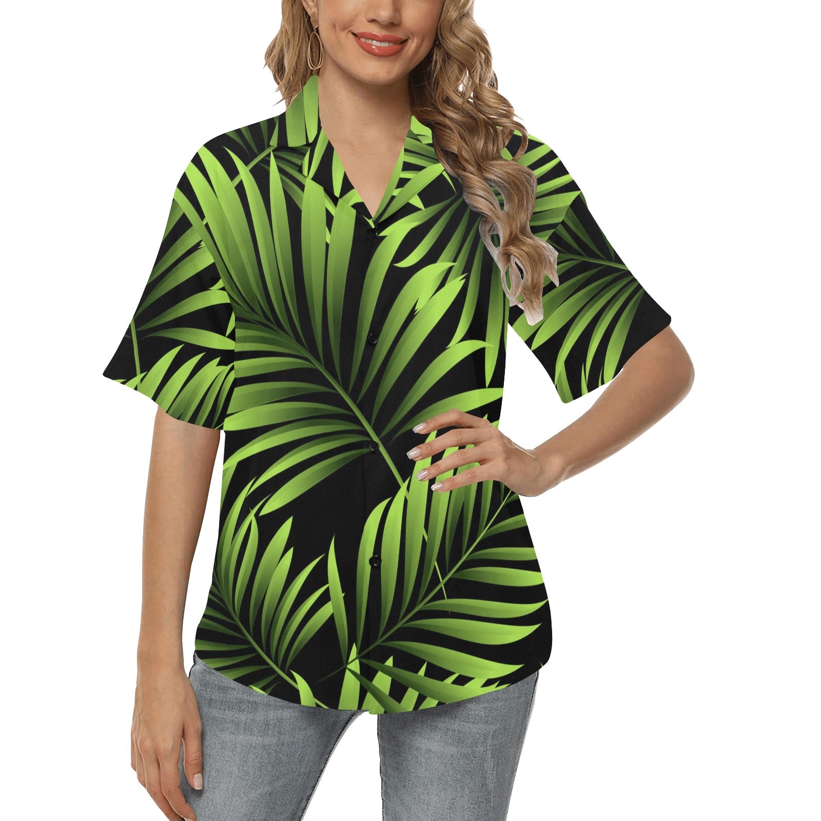 Green Neon Tropical Palm Leaves Women's Hawaiian Shirt