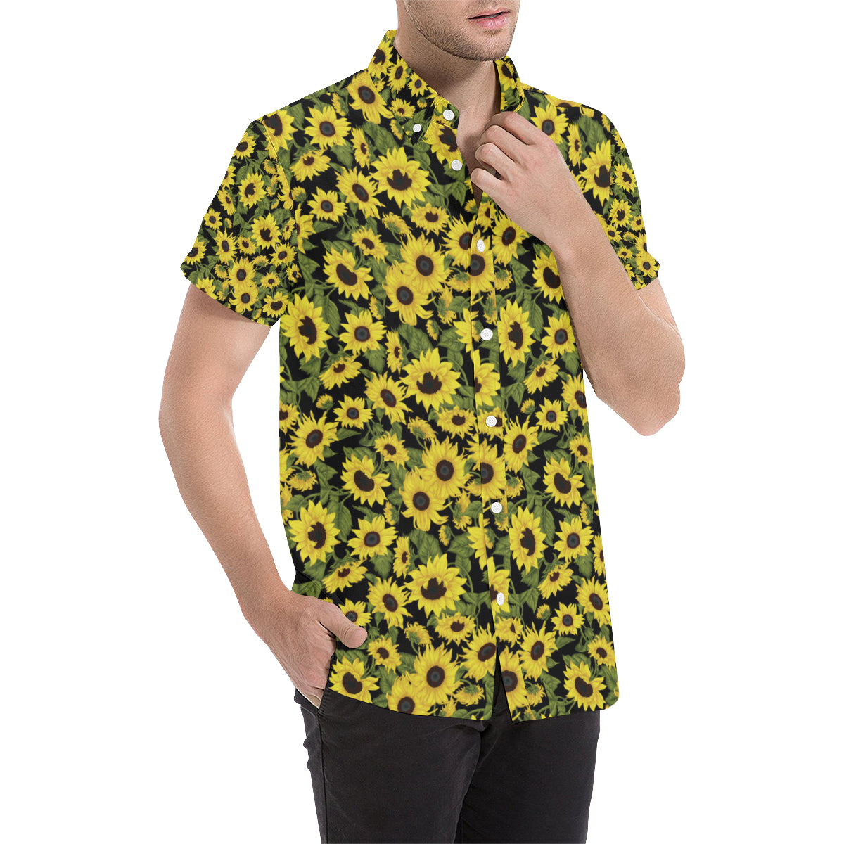 Sunflower Fresh Bright Color Print Men's Short Sleeve Button Up Shirt
