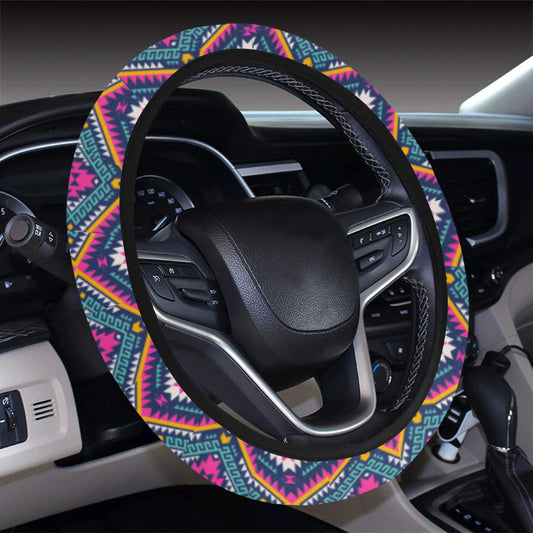 Indian Navajo Pink Themed Design Print Steering Wheel Cover with Elastic Edge