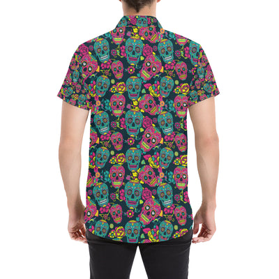 Sugar Skull Floral Design Themed Print Men's Short Sleeve Button Up Shirt