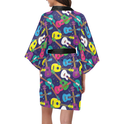 Ukulele Pattern Print Design 02 Women's Short Kimono