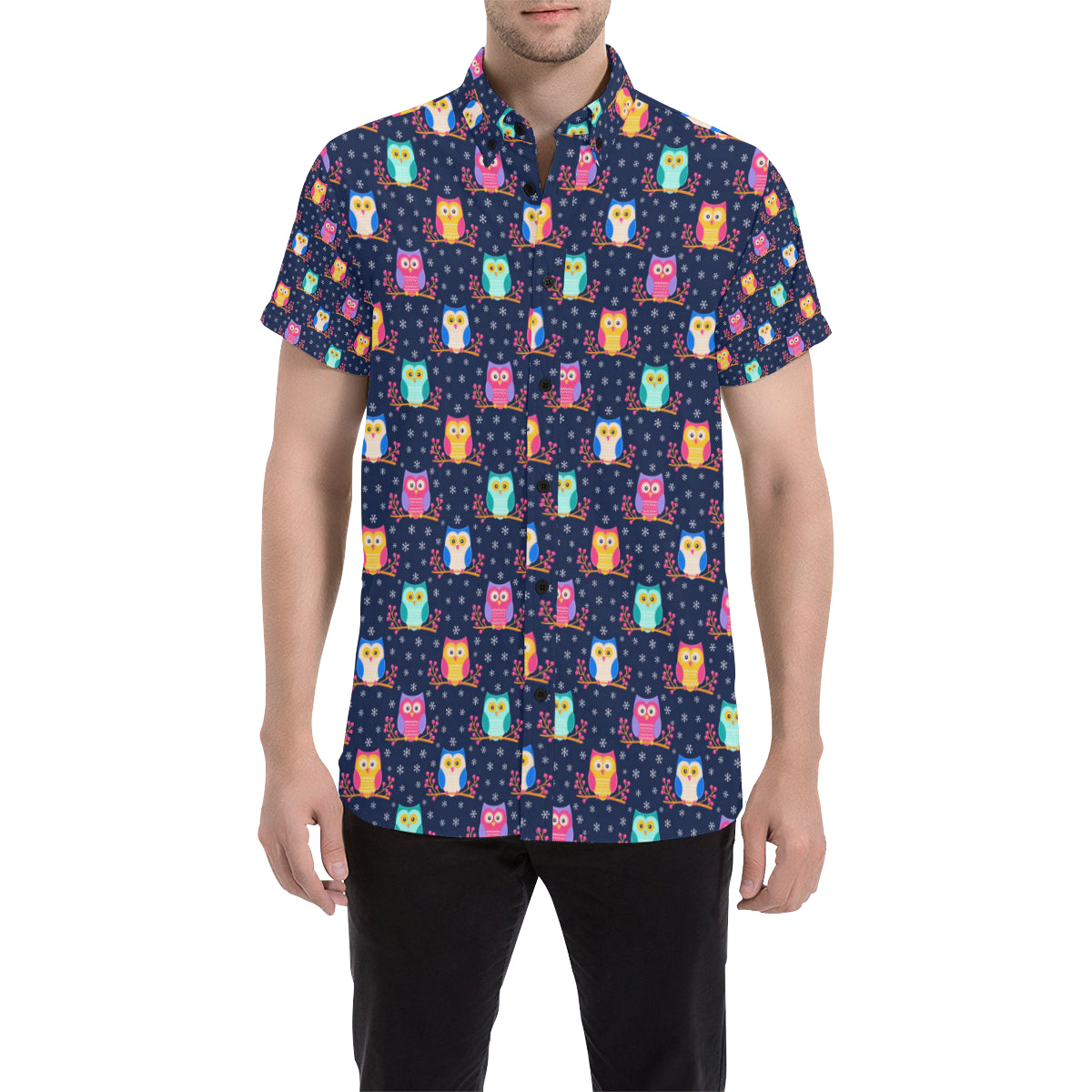 Owl Cute Themed Design Print Men's Short Sleeve Button Up Shirt