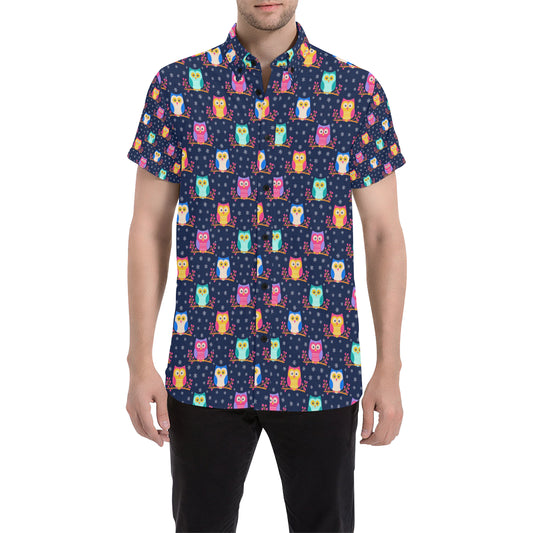 Owl Cute Themed Design Print Men's Short Sleeve Button Up Shirt