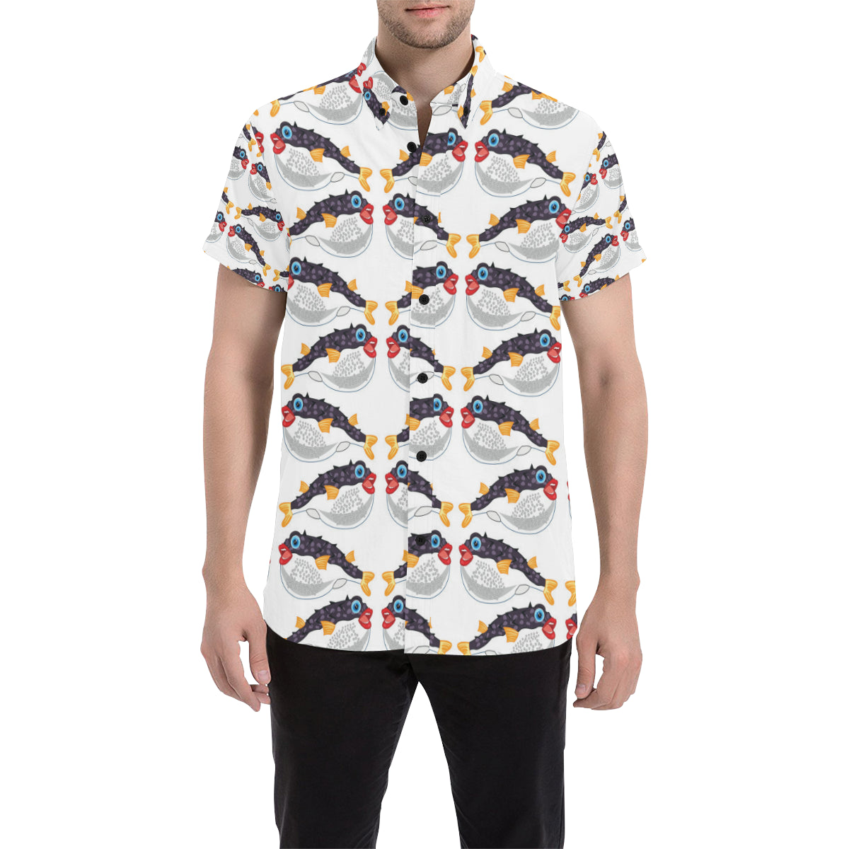 Fugu Pattern Print Design 03 Men's Short Sleeve Button Up Shirt