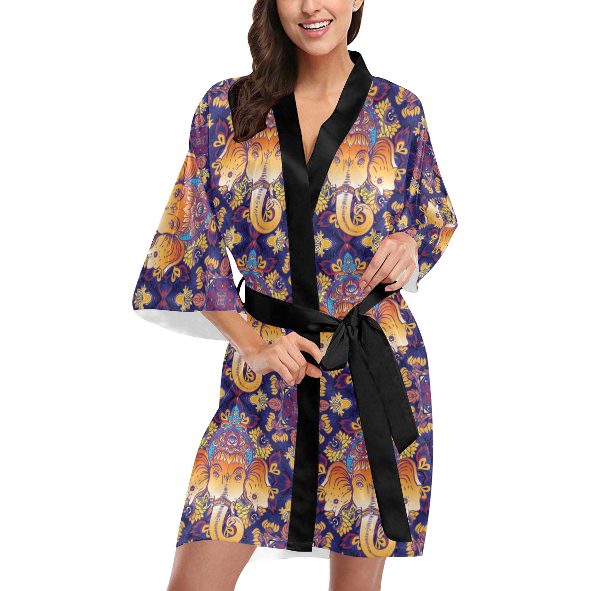 Ganesha Pattern Print Design 01 Women's Short Kimono