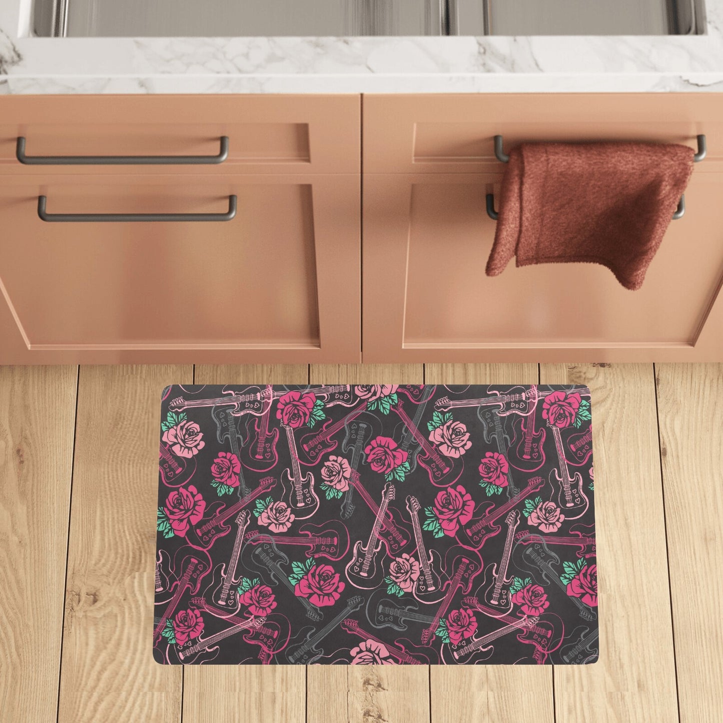 Bass Guitar Pink Rose Pattern Print Design 01 Kitchen Mat