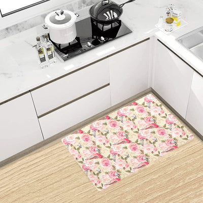 Bird Butterfly Pink Flower Print Pattern Kitchen Mat