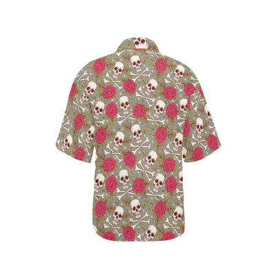 Skull Bone Rose Print Design LKS303 Women's Hawaiian Shirt