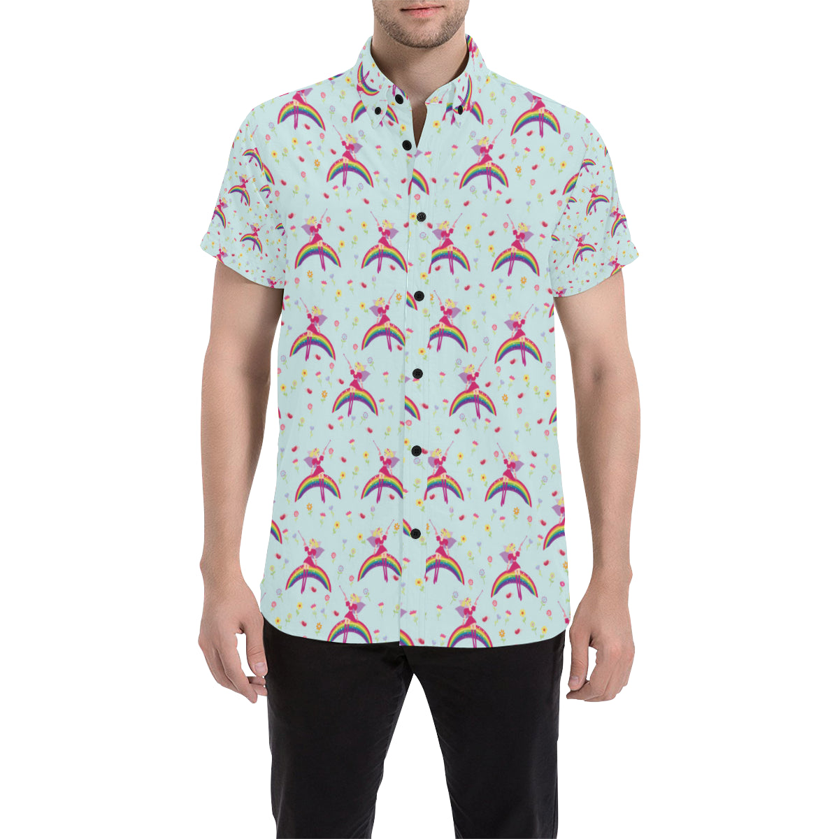Fairy with Rainbow Print Pattern Men's Short Sleeve Button Up Shirt