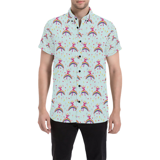 Fairy with Rainbow Print Pattern Men's Short Sleeve Button Up Shirt