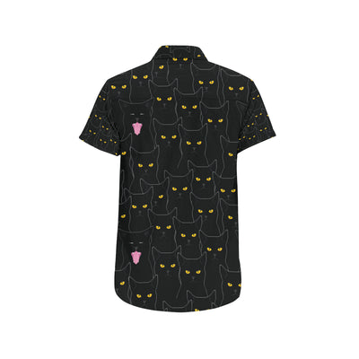 Black Cat Yellow Eyes Print Pattern Men's Short Sleeve Button Up Shirt