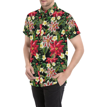 Poinsettia Pattern Print Design POT05 Men's Short Sleeve Button Up Shirt