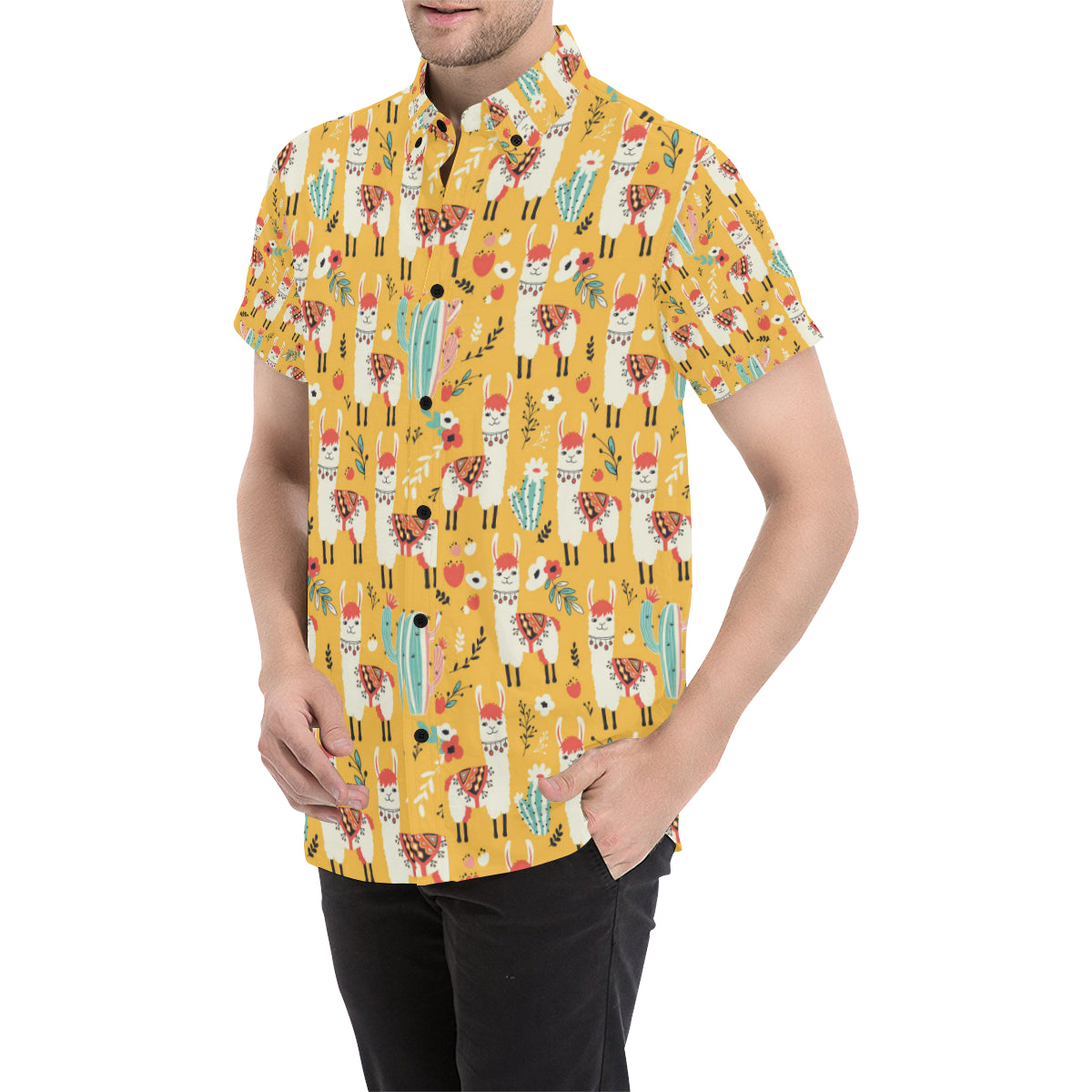 Llama Cute Themed Print Men's Short Sleeve Button Up Shirt
