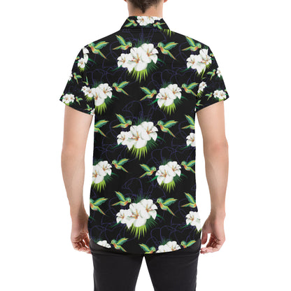 Hummingbird with Flower Pattern Print Design 03 Men's Short Sleeve Button Up Shirt