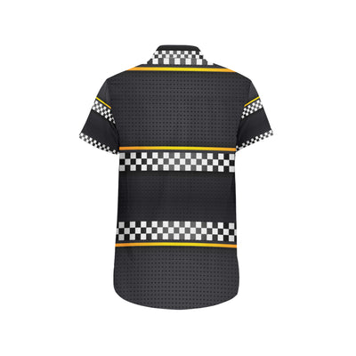 Checkered Flag Yellow Line Style Men's Short Sleeve Button Up Shirt