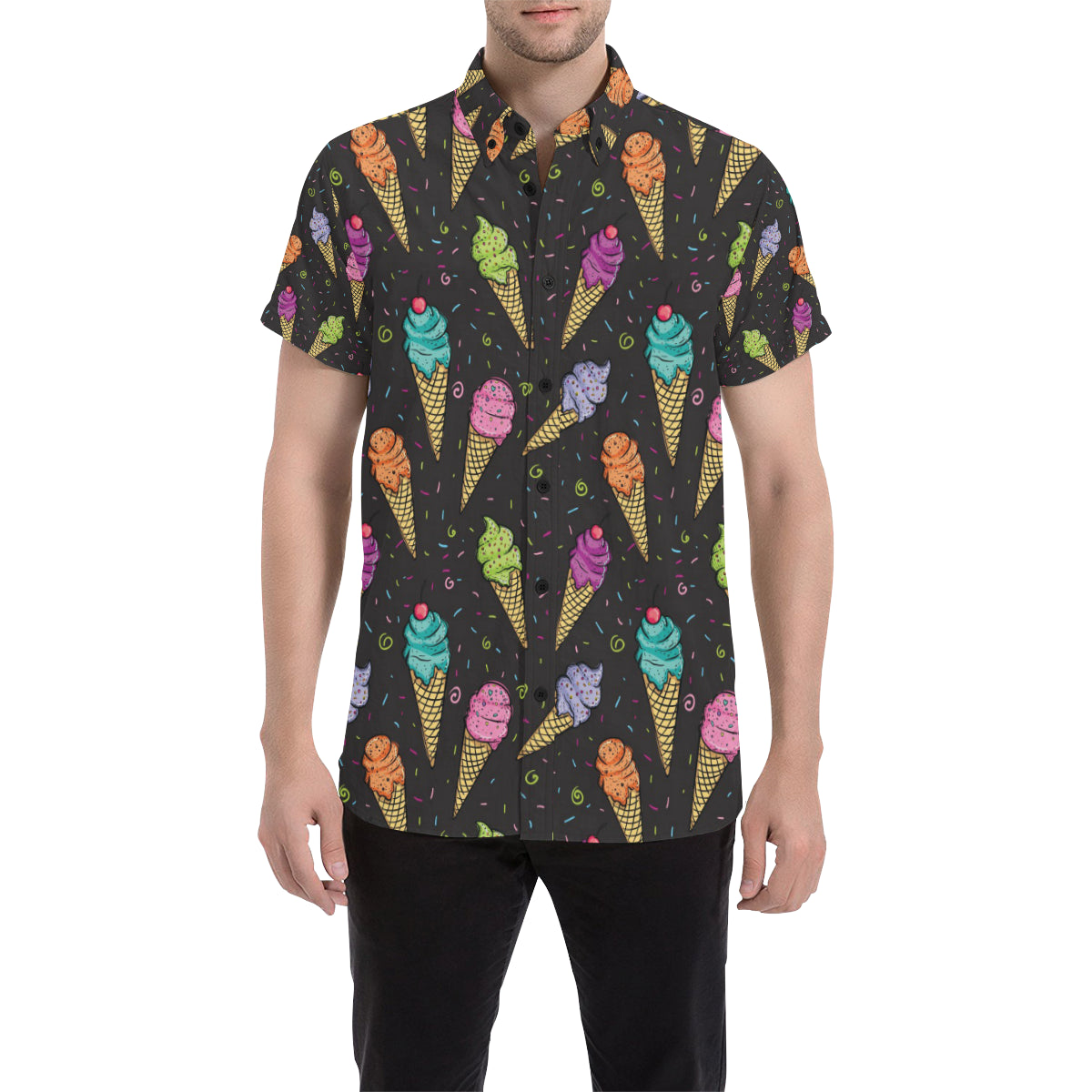 Ice Cream Pattern Print Design IC06 Men's Short Sleeve Button Up Shirt