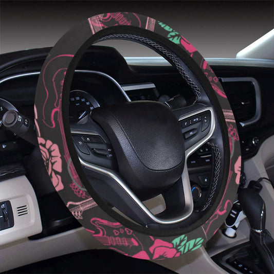 Bass Guitar Pink Rose Pattern Print Design 01 Steering Wheel Cover with Elastic Edge