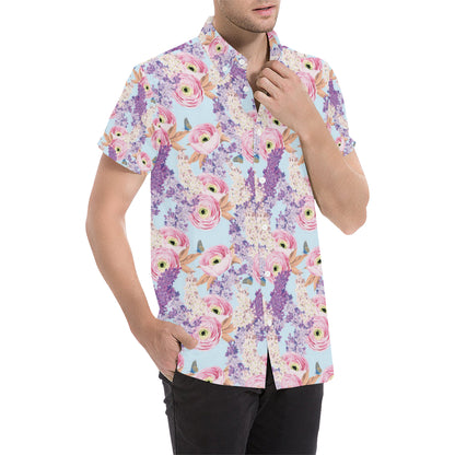 Lilac Pattern Print Design LI03 Men's Short Sleeve Button Up Shirt