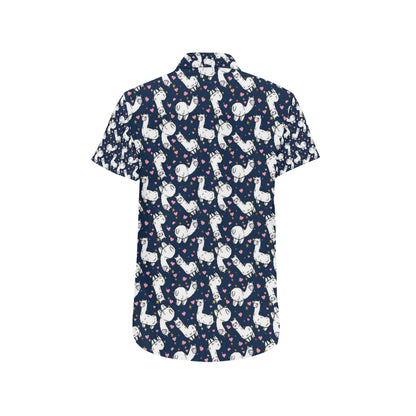 Alpaca Heart Star Design Themed Print Men's Short Sleeve Button Up Shirt