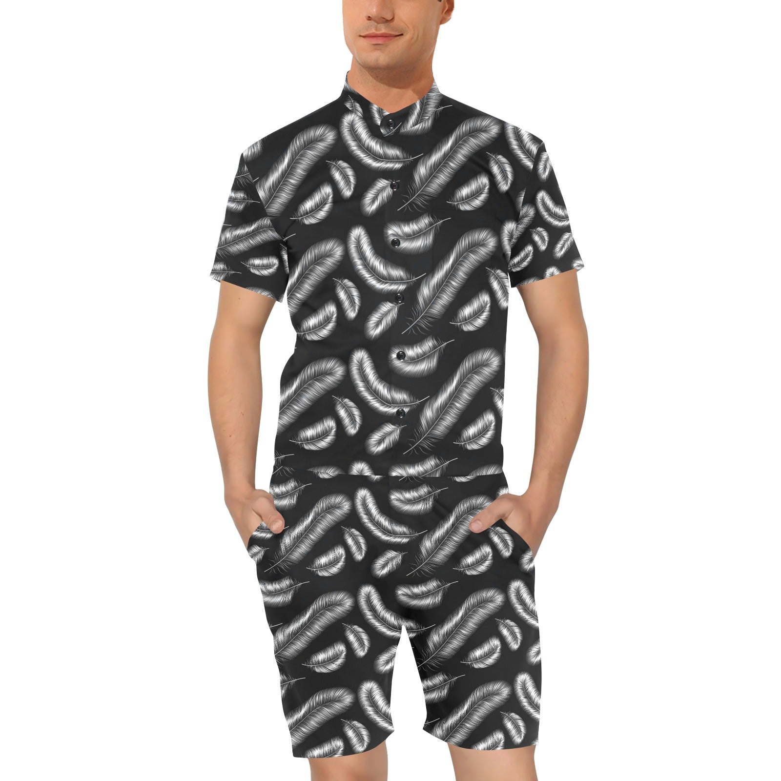 Feather Black White Design Print Men's Romper