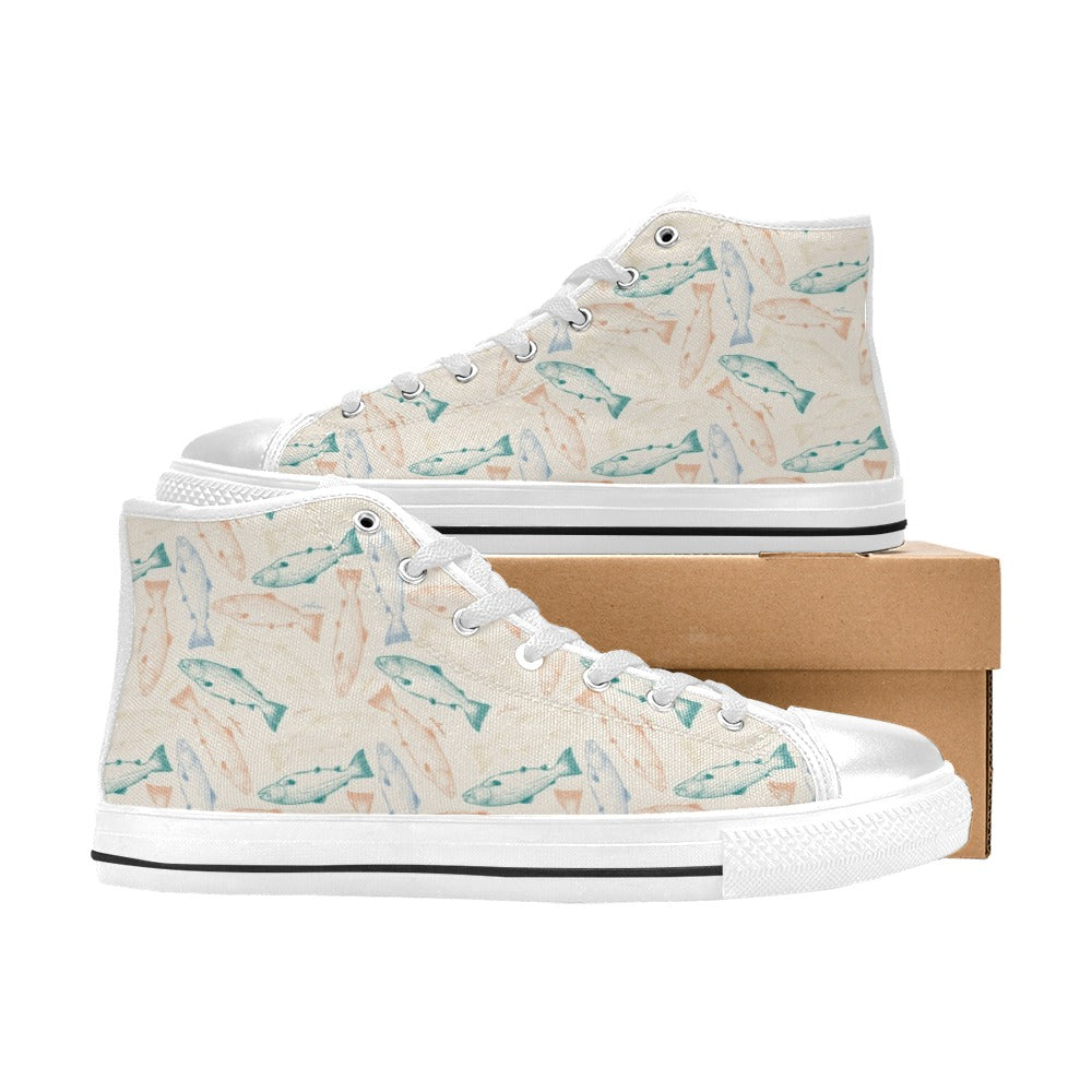 Salmon Fish Print Design LKS305 High Top Women's White Shoes