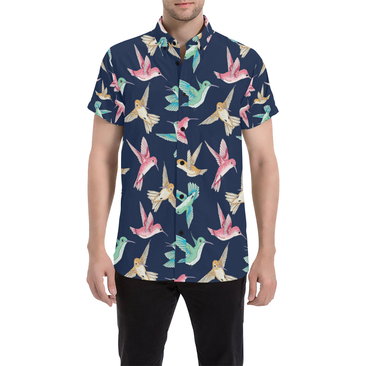 Hummingbird Cute Pattern Print Design 01 Men's Short Sleeve Button Up Shirt