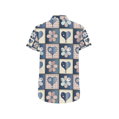 Patchwork Heart Flower Pattern Print Design 01 Men's Short Sleeve Button Up Shirt