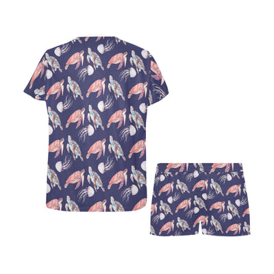 Sea Turtle With Jelly Fish Print Design LKS301 Women's Short Pajama Set