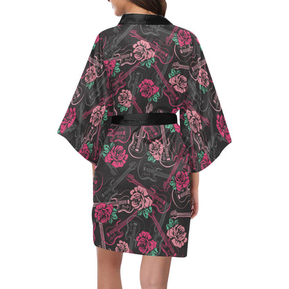 Bass Guitar Pink Rose Pattern Print Design 01 Women's Short Kimono