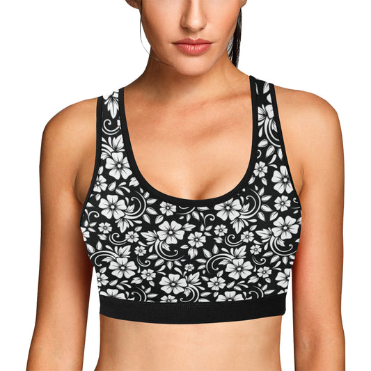 Floral Black White Themed Print Sports Bra