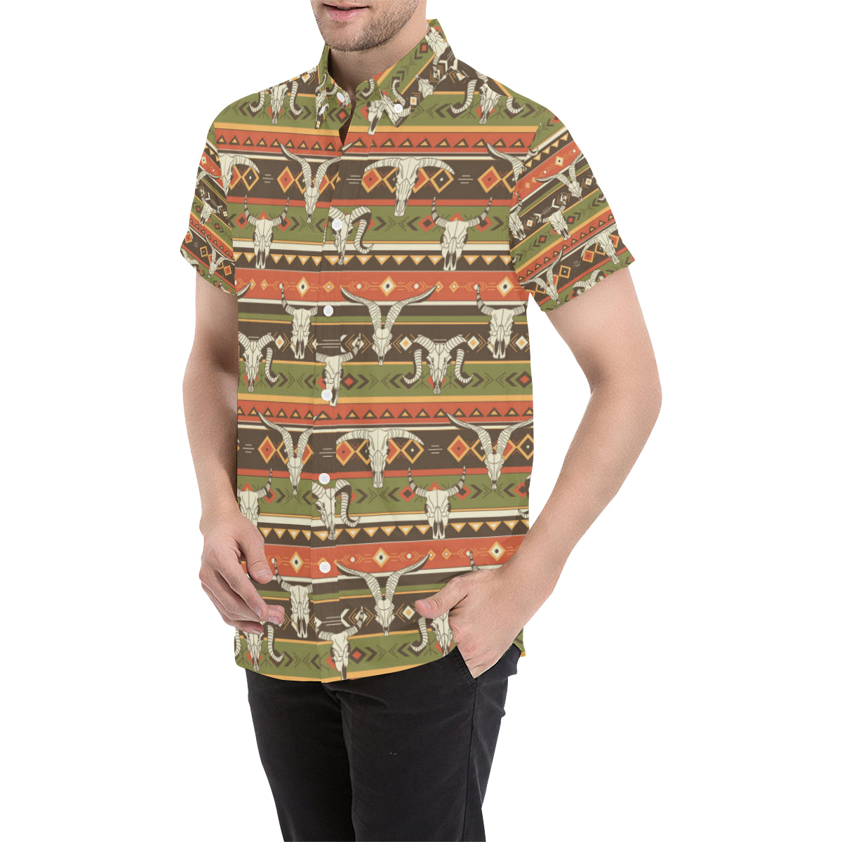 American indian Skull Animal Men's Short Sleeve Button Up Shirt
