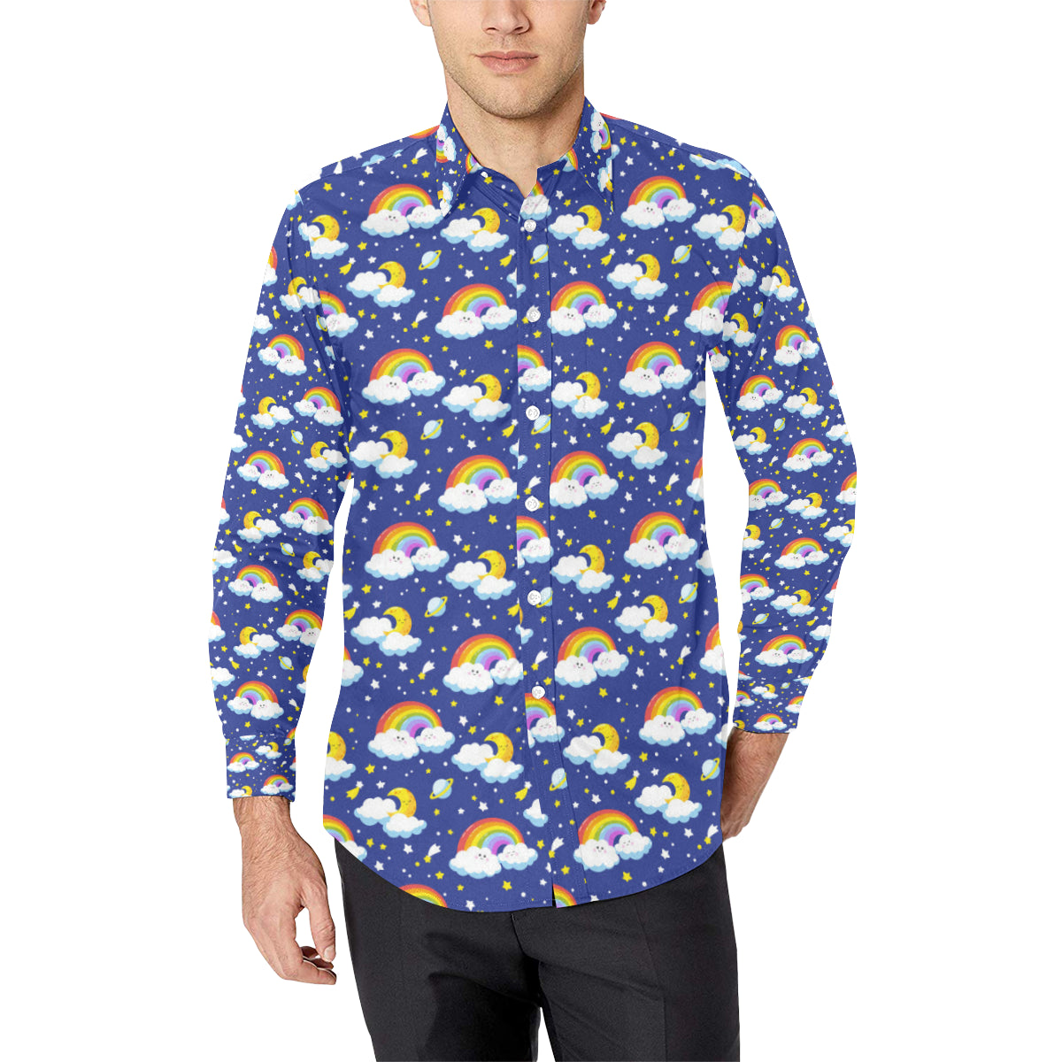 Rainbow Space Design Print Men's Long Sleeve Shirt
