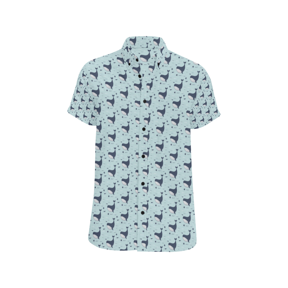 Whale Cute Design Themed Print Men's Short Sleeve Button Up Shirt