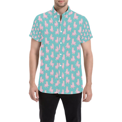 Alpaca Cartoon Design Themed Print Men's Short Sleeve Button Up Shirt