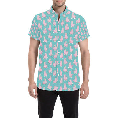 Alpaca Cartoon Design Themed Print Men's Short Sleeve Button Up Shirt