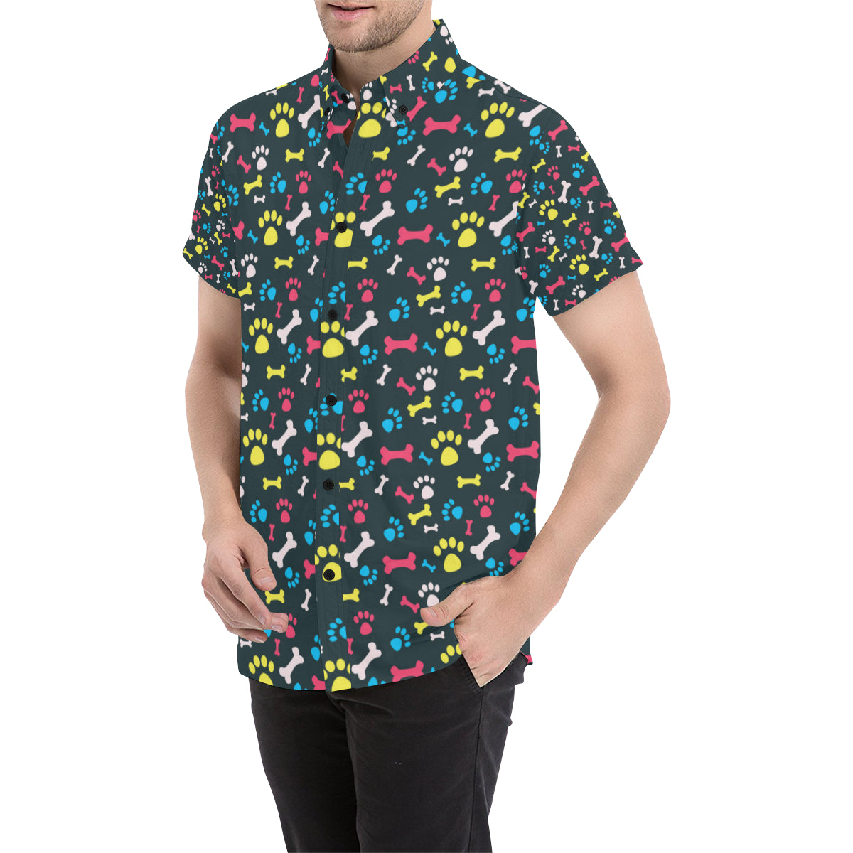 Paw Design Print Men's Short Sleeve Button Up Shirt